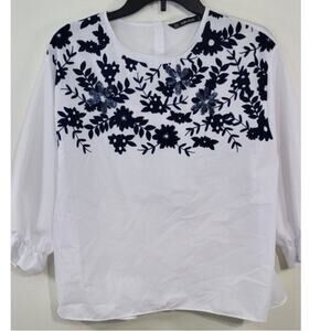 Zara Basic Shirt Womens Medium Sequins Ruffled Modern French Sleek Clean Blouse